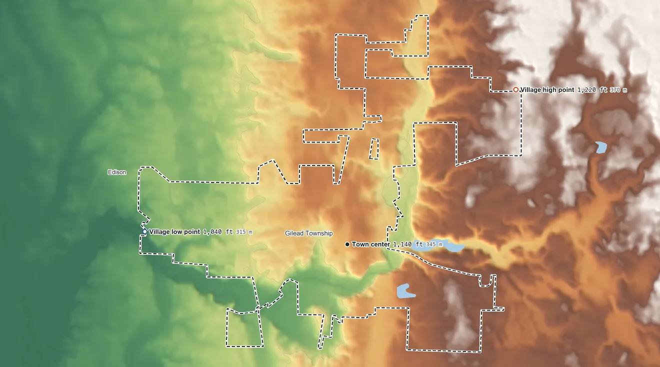 Topographic elevation map of Mount Gilead, Ohio, shaded from 1,040 ft on the west side to 1,220 ft on the northeast side
