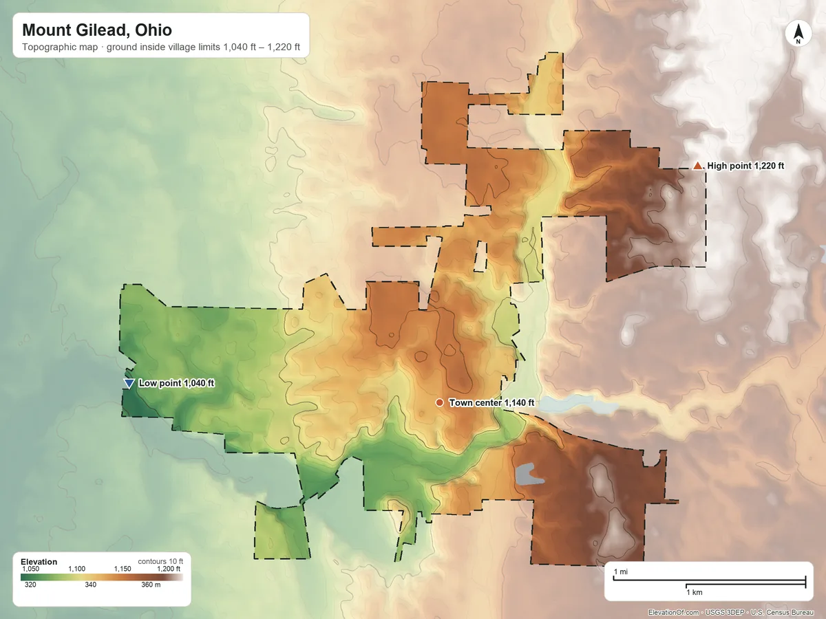 Topographic elevation map of Mount Gilead, Ohio, shaded from 1,040 ft on the west side to 1,220 ft on the northeast side