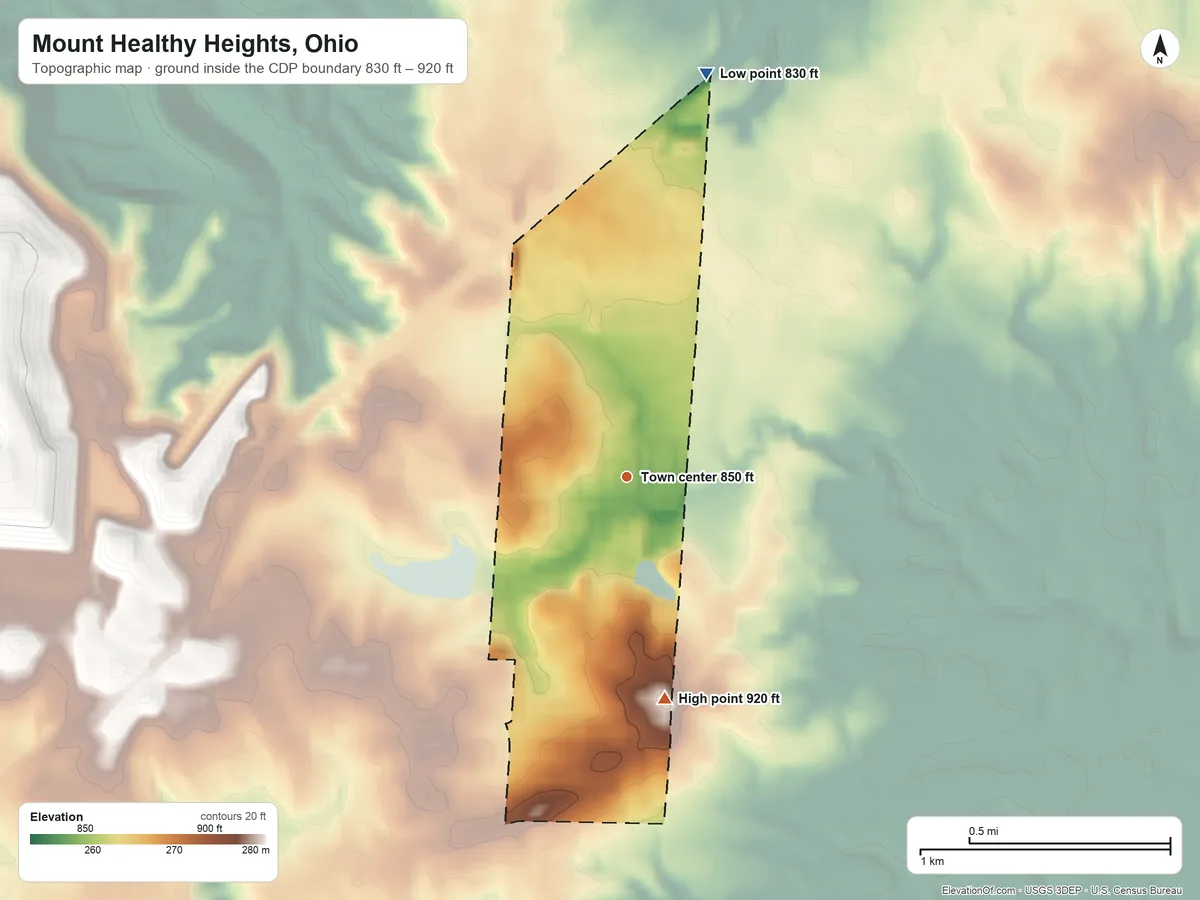Topographic elevation map of Mount Healthy Heights, Ohio, shaded from 830 ft on the north side to 920 ft on the south side