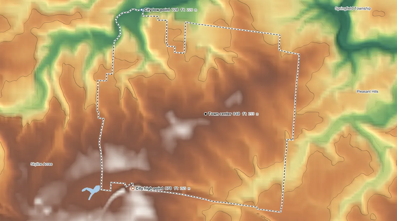 Topographic elevation map of Mount Healthy, Ohio, shaded from 720 ft on the northwest side to 870 ft on the southwest side