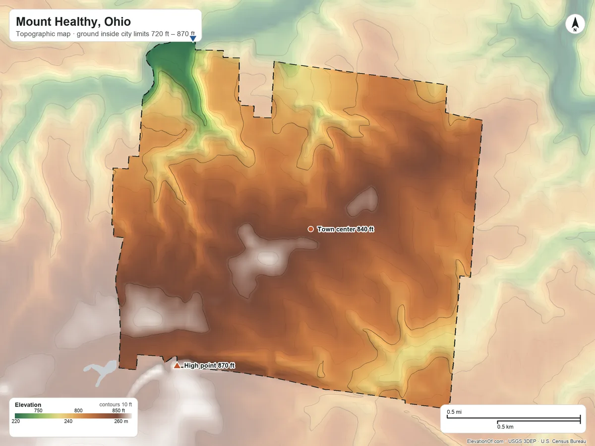 Topographic elevation map of Mount Healthy, Ohio, shaded from 720 ft on the northwest side to 870 ft on the southwest side