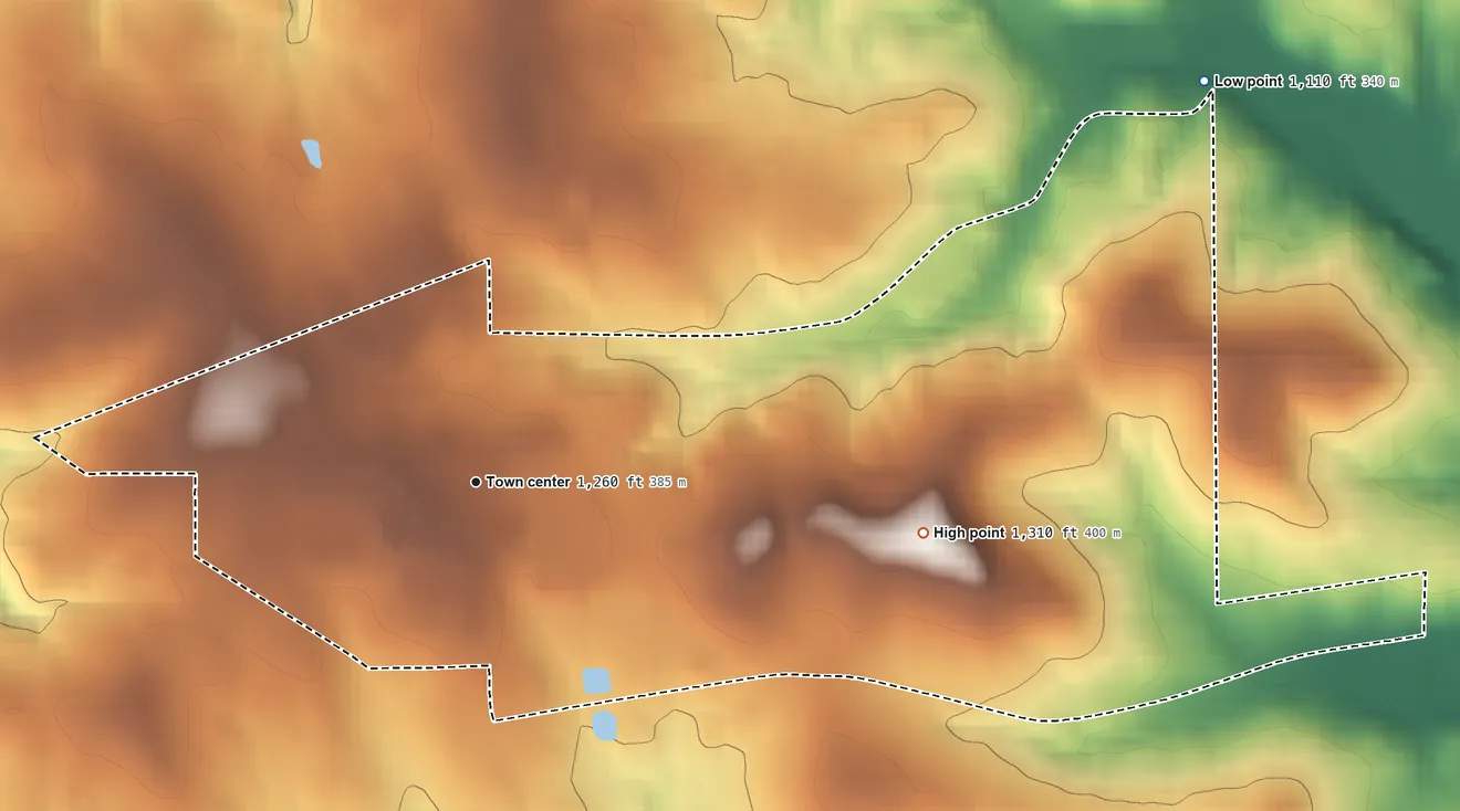 Topographic elevation map of Mount Hope, Ohio, shaded from 1,110 ft on the northeast side to 1,310 ft on the east side