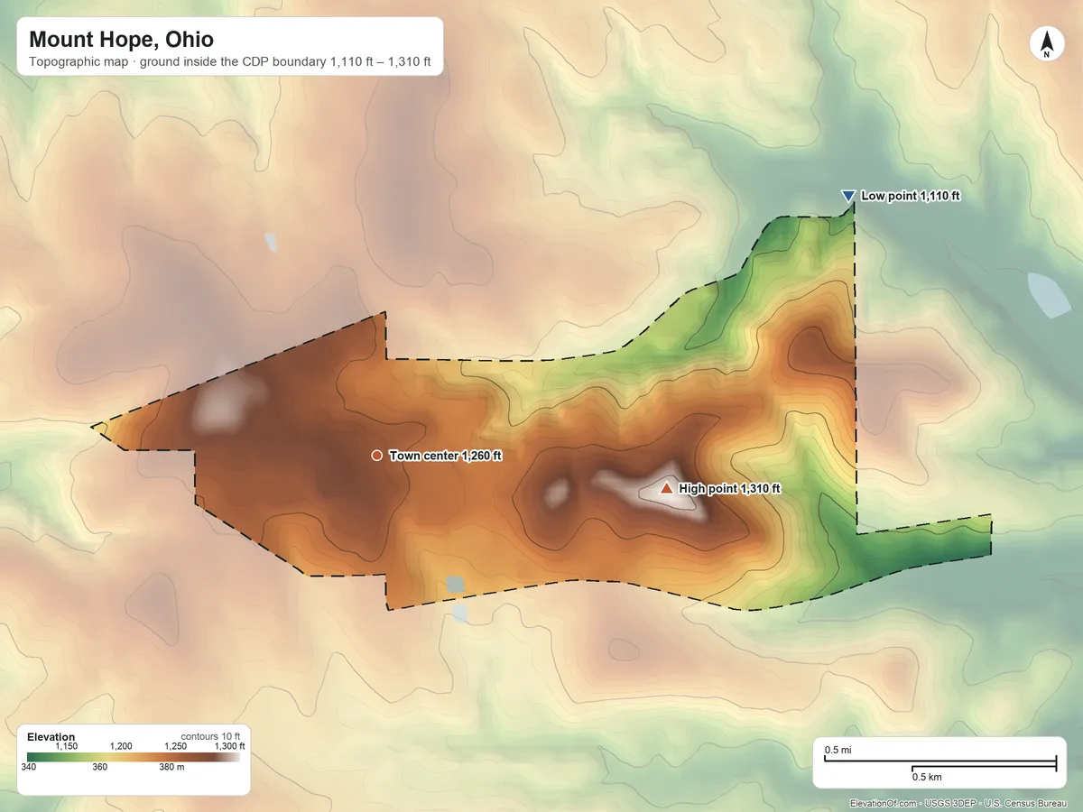 Topographic elevation map of Mount Hope, Ohio, shaded from 1,110 ft on the northeast side to 1,310 ft on the east side
