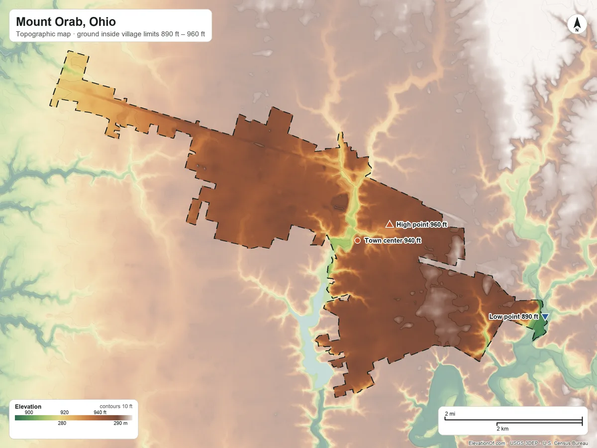 Topographic elevation map of Mount Orab, Ohio, shaded from 890 ft on the east side to 960 ft near the middle