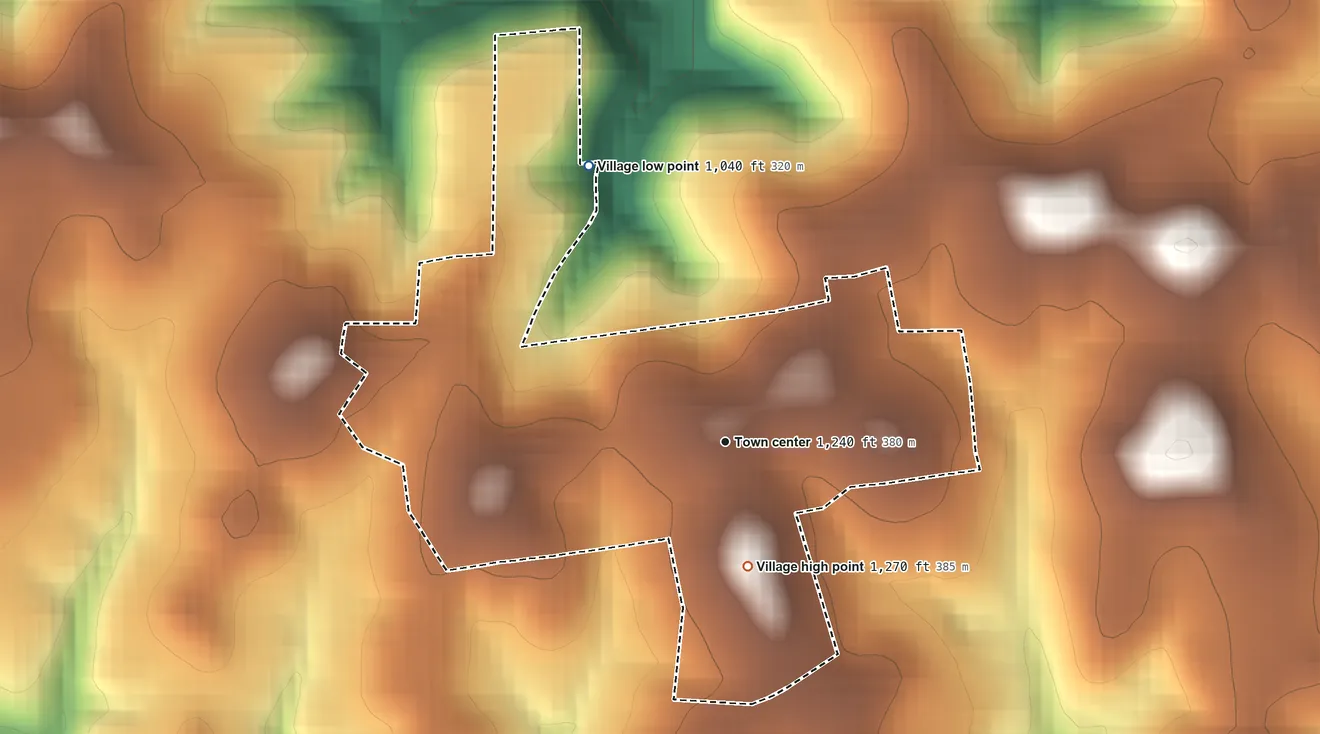 Topographic elevation map of Mount Pleasant, Ohio, shaded from 1,040 ft on the northwest side to 1,270 ft on the south side