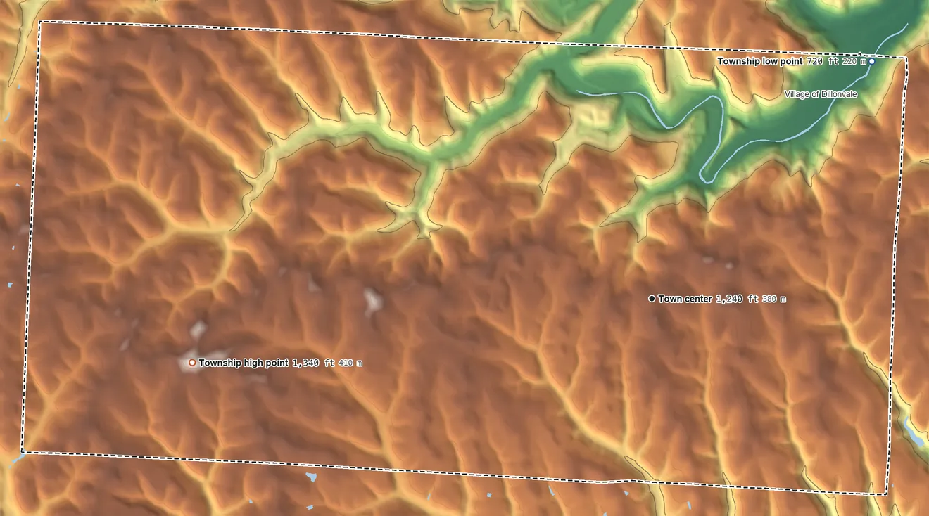 Topographic elevation map of Mount Pleasant Township, Ohio, shaded from 720 ft on the northeast side to 1,340 ft on the west side