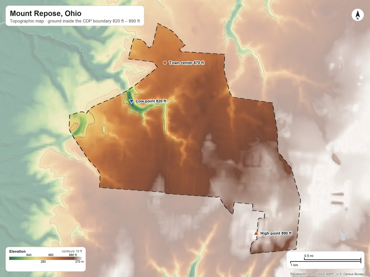 Topographic elevation map of Mount Repose, Ohio, shaded from 820 ft on the southwest side to 890 ft on the southeast side