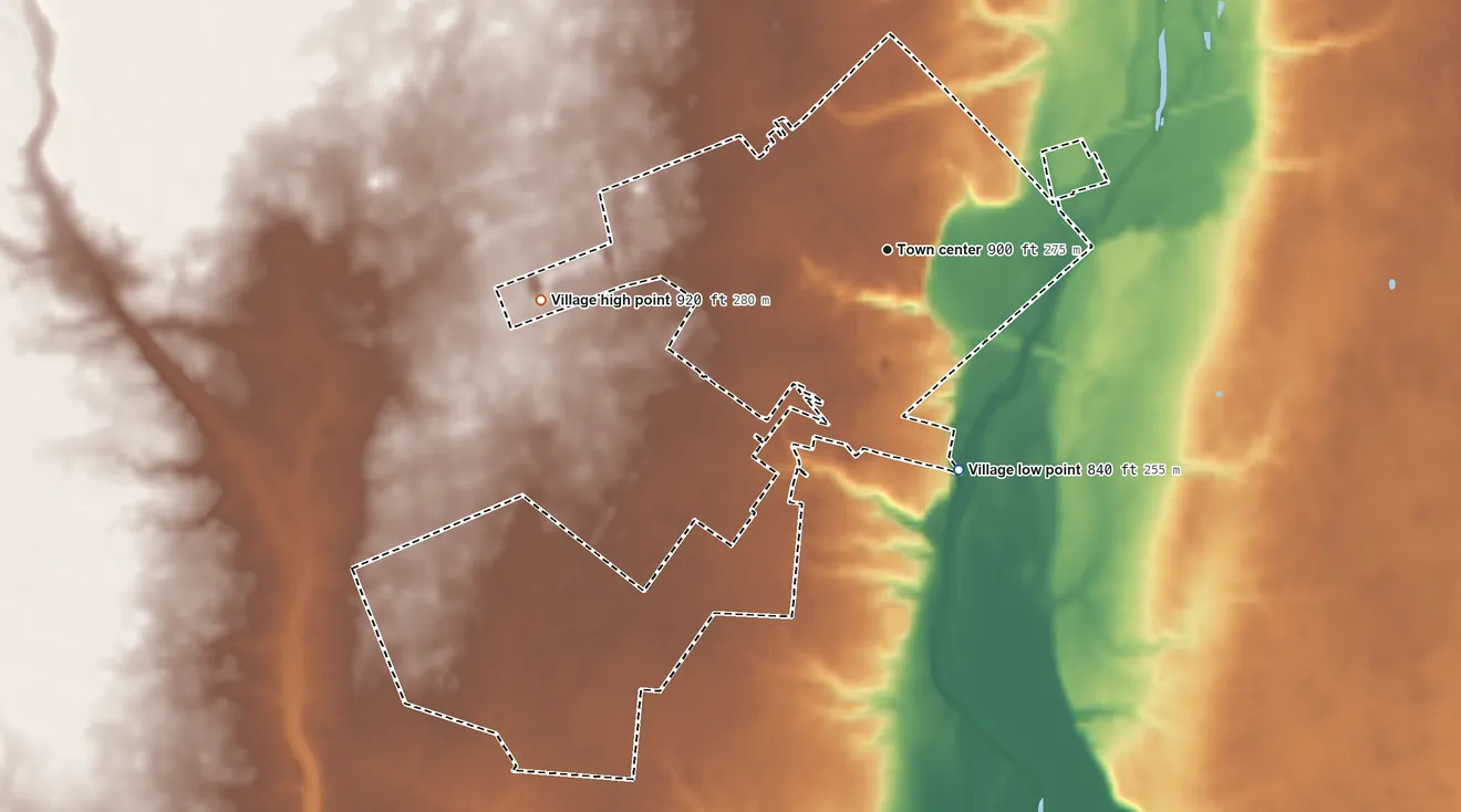 Topographic elevation map of Mount Sterling, Ohio, shaded from 840 ft on the south side to 920 ft on the west side