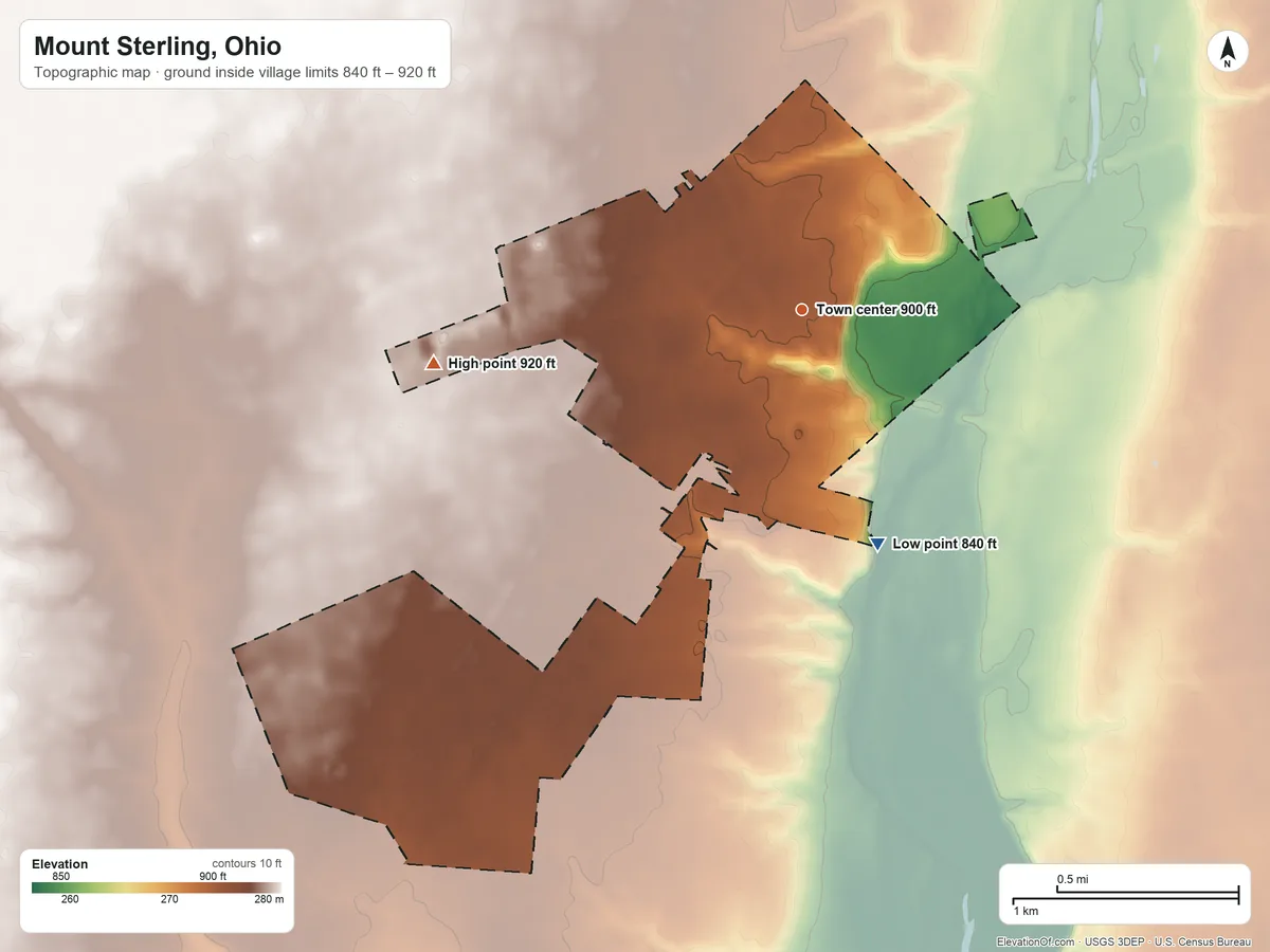 Topographic elevation map of Mount Sterling, Ohio, shaded from 840 ft on the south side to 920 ft on the west side