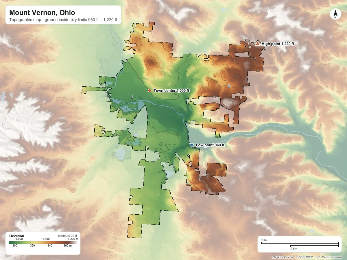 Topographic elevation map of Mount Vernon, Ohio, shaded from 960 ft on the southeast side to 1,220 ft on the northeast side