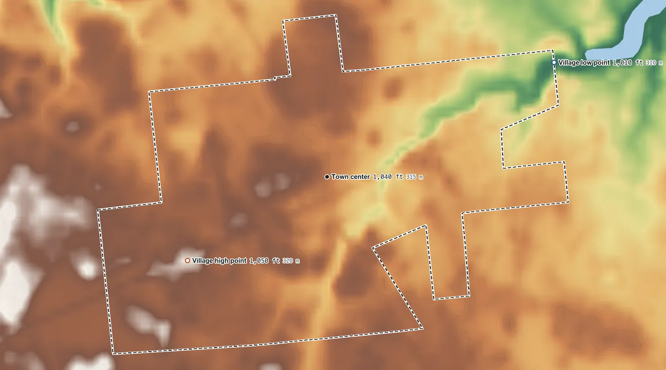 Topographic elevation map of Mount Victory, Ohio, shaded from 1,010 ft on the northeast side to 1,050 ft on the southwest side