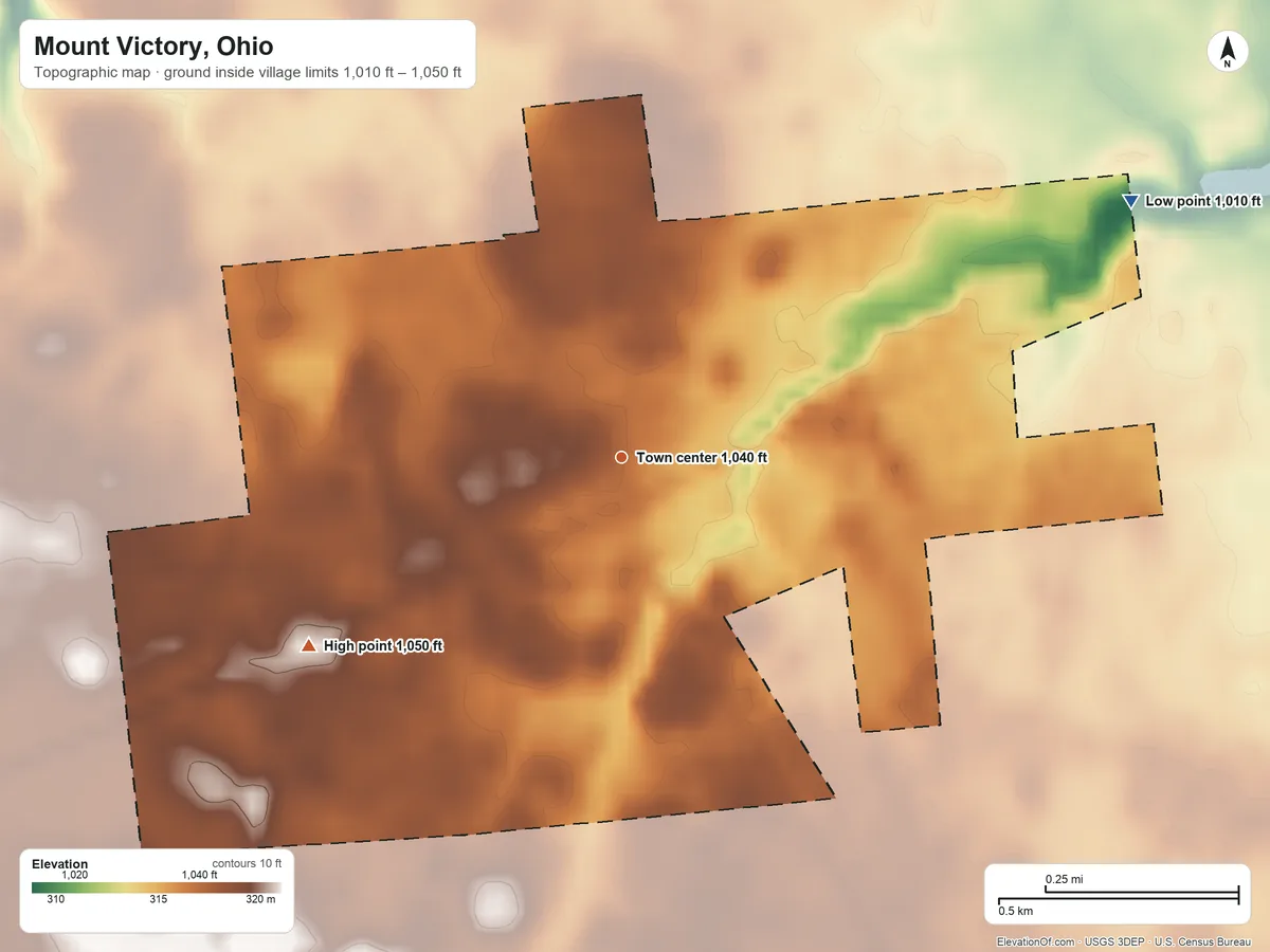 Topographic elevation map of Mount Victory, Ohio, shaded from 1,010 ft on the northeast side to 1,050 ft on the southwest side