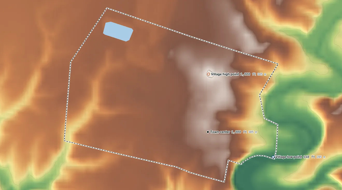 Topographic elevation map of Mowrystown, Ohio, shaded from 940 ft on the east side to 1,000 ft on the north side