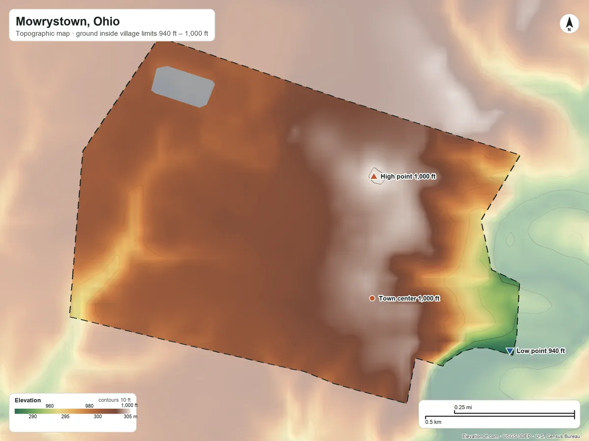 Topographic elevation map of Mowrystown, Ohio, shaded from 940 ft on the east side to 1,000 ft on the north side
