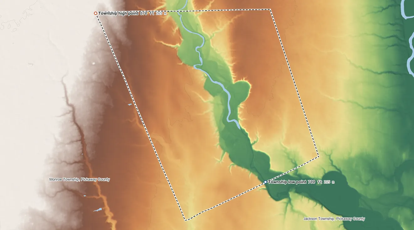 Topographic elevation map of Muhlenberg Township, Ohio, shaded from 700 ft on the southeast side to 870 ft on the northwest side