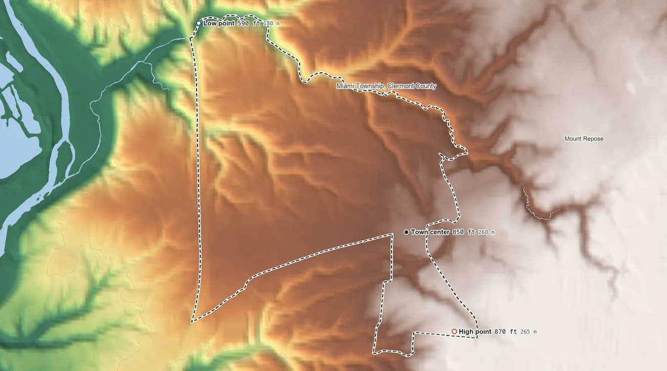 Topographic elevation map of Mulberry, Ohio, shaded from 590 ft on the northwest side to 870 ft on the southeast side