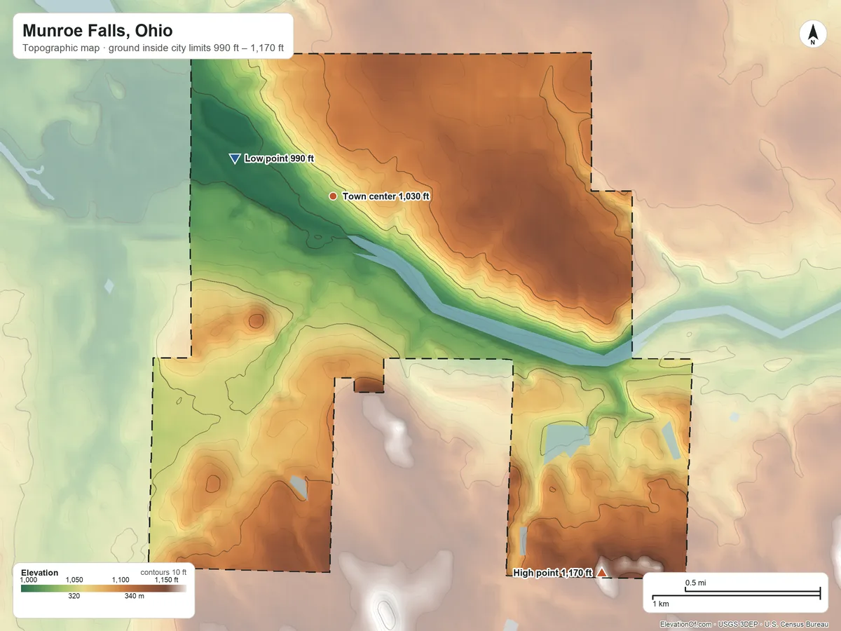 Topographic elevation map of Munroe Falls, Ohio, shaded from 990 ft on the west side to 1,170 ft on the southeast side