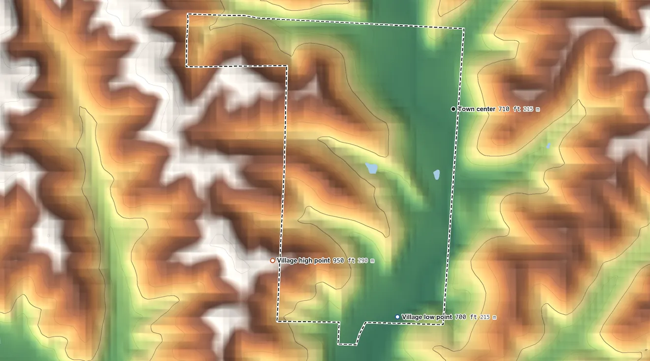 Topographic elevation map of Murray City, Ohio, shaded from 700 ft on the south side to 950 ft on the southwest side