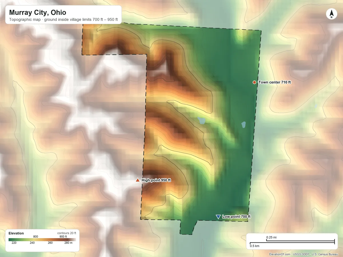 Topographic elevation map of Murray City, Ohio, shaded from 700 ft on the south side to 950 ft on the southwest side