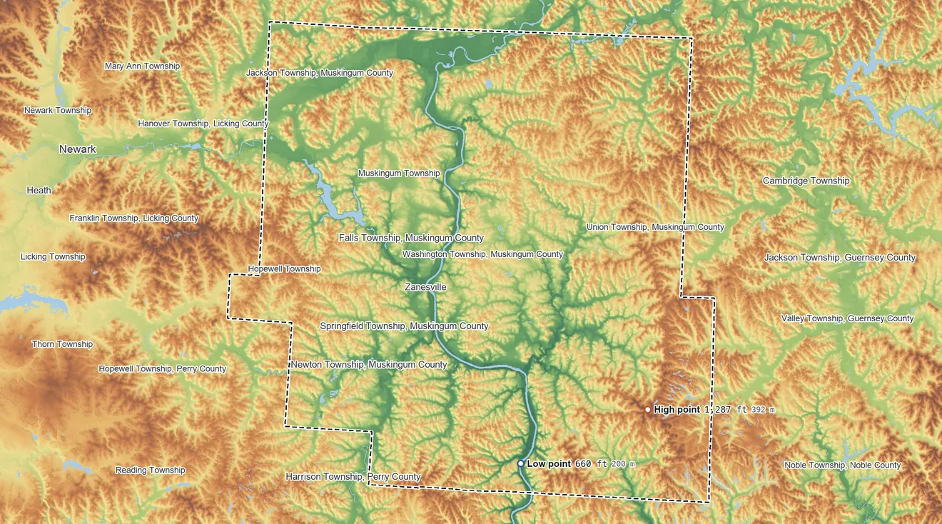 Topographic elevation map of Muskingum County, Ohio, shaded from 660 ft on the south side to 1,287 ft on High Hill