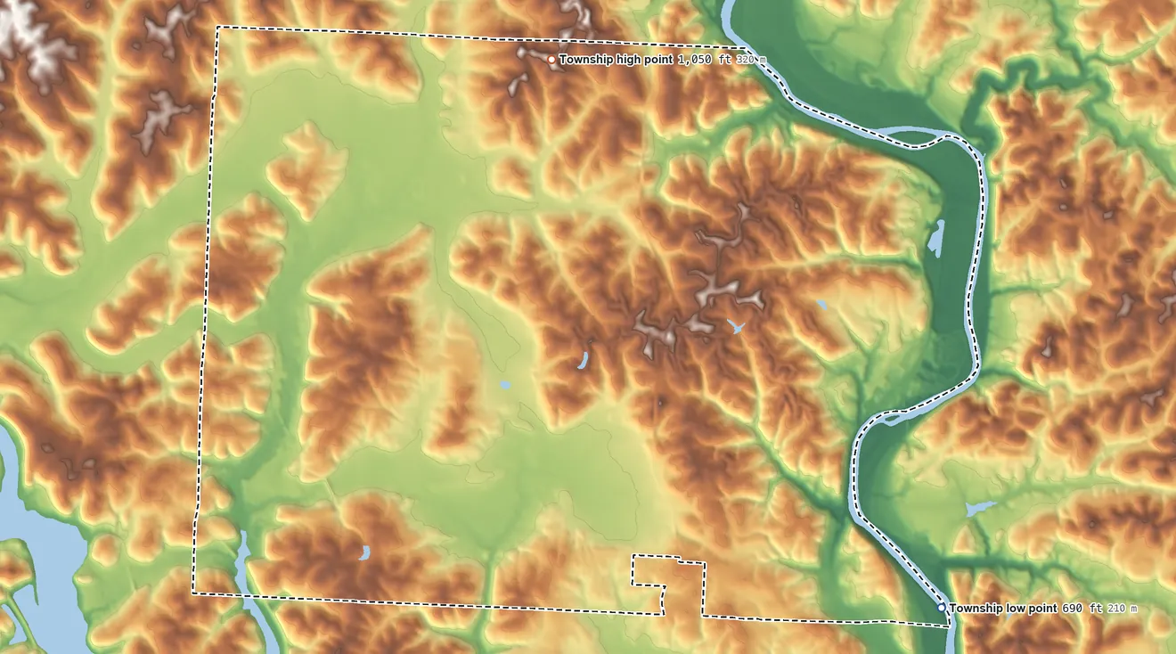 Topographic elevation map of Muskingum Township, Ohio, shaded from 690 ft on the southeast side to 1,050 ft on the north side
