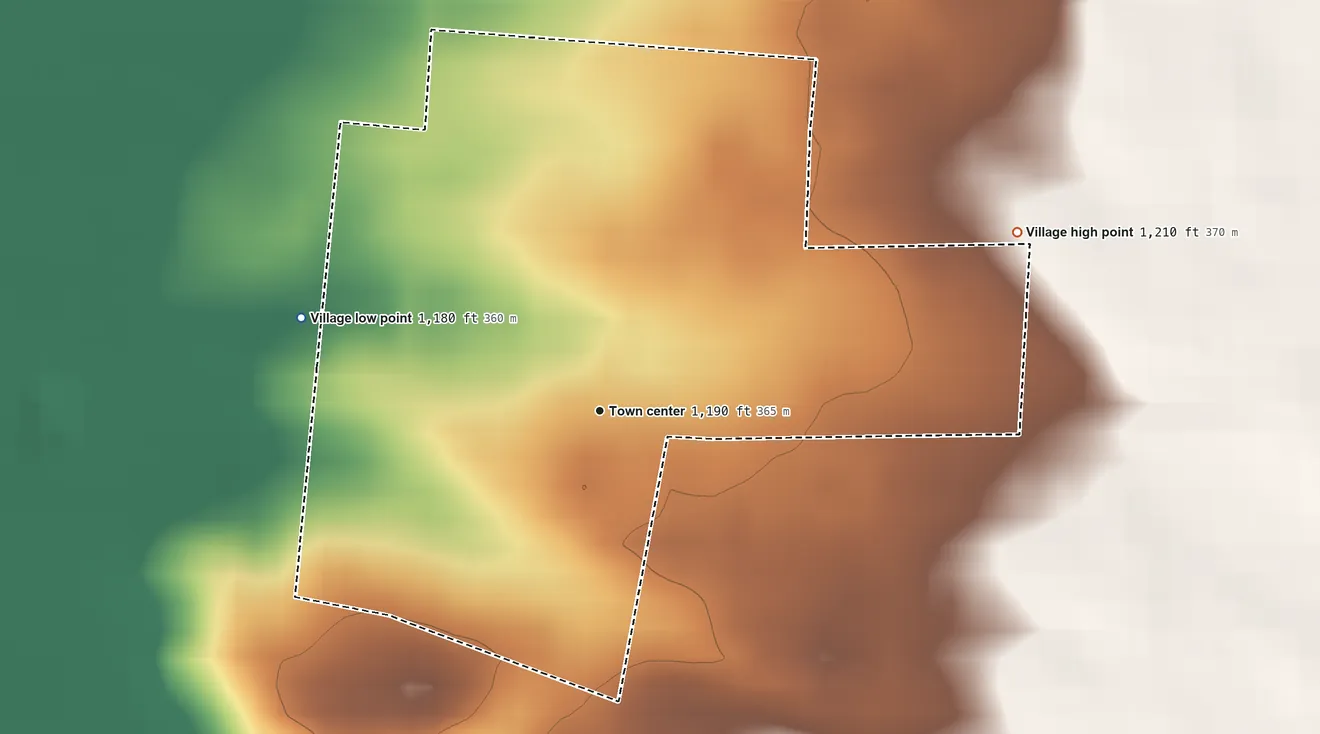 Topographic elevation map of Mutual, Ohio, shaded from 1,180 ft on the west side to 1,210 ft on the northeast side