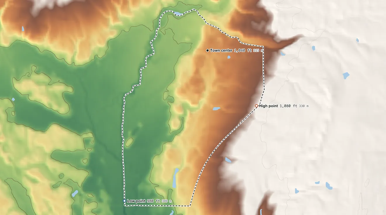 Topographic elevation map of Nankin, Ohio, shaded from 980 ft on the southwest side to 1,080 ft on the southeast side