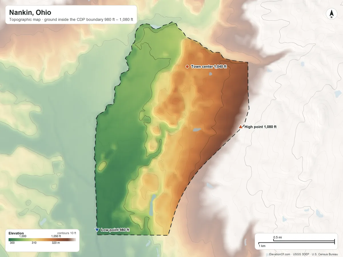 Topographic elevation map of Nankin, Ohio, shaded from 980 ft on the southwest side to 1,080 ft on the southeast side