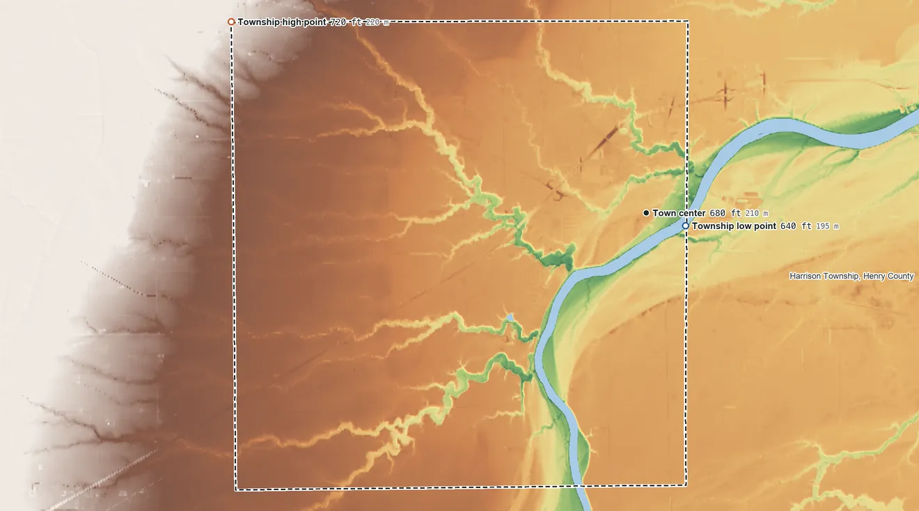 Topographic elevation map of Napoleon Township, Ohio, shaded from 640 ft near the middle to 720 ft on the northwest side