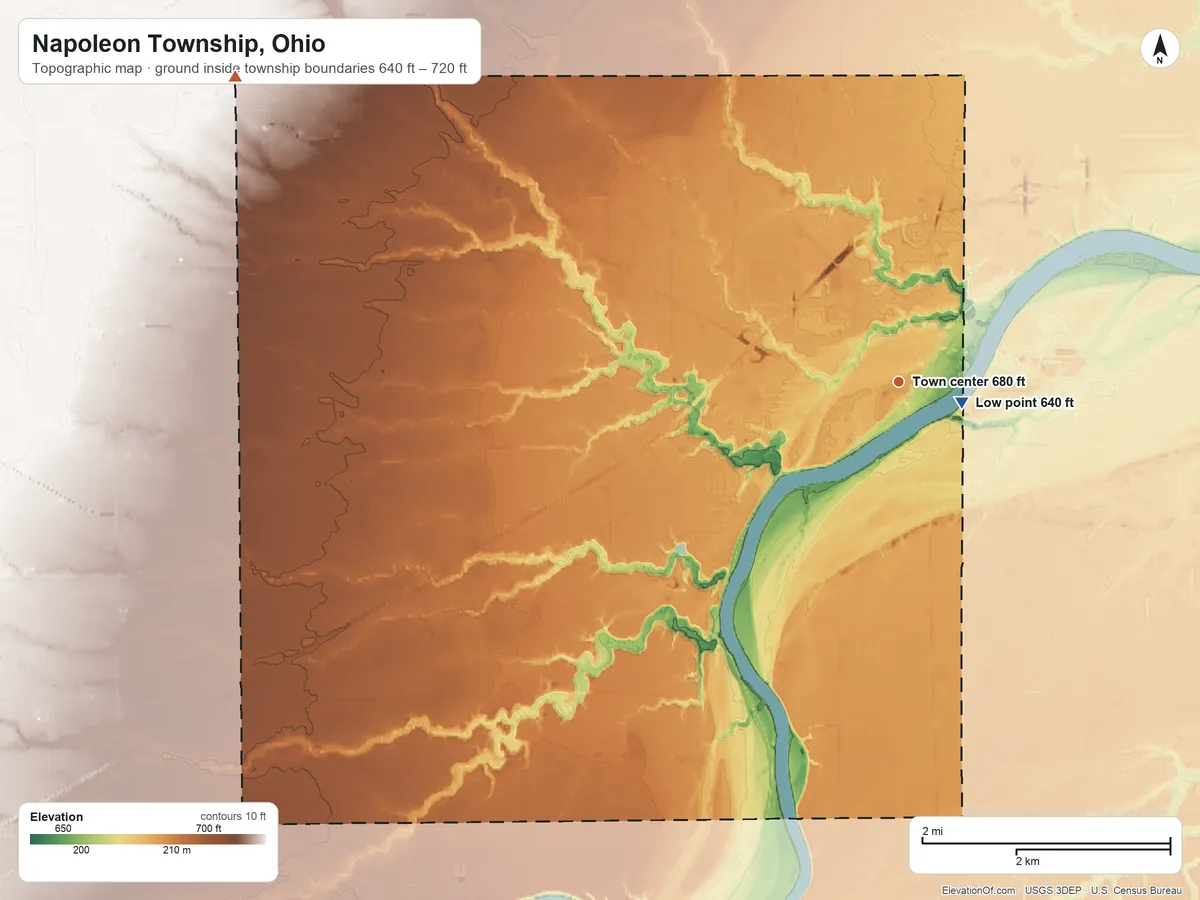 Topographic elevation map of Napoleon Township, Ohio, shaded from 640 ft near the middle to 720 ft on the northwest side