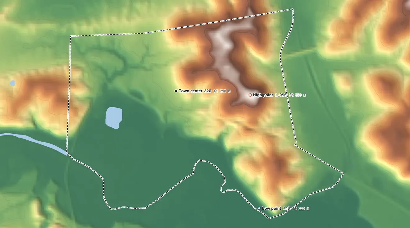 Topographic elevation map of Nashport, Ohio, shaded from 740 ft on the southeast side to 1,050 ft on the east side