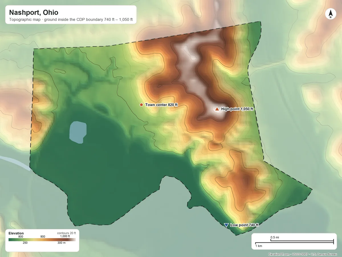 Topographic elevation map of Nashport, Ohio, shaded from 740 ft on the southeast side to 1,050 ft on the east side