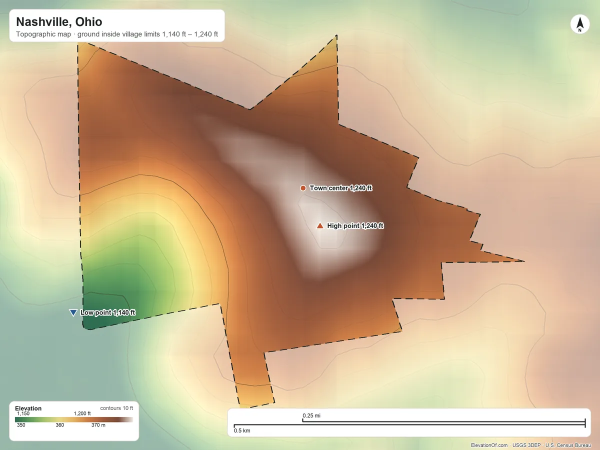 Topographic elevation map of Nashville, Ohio, shaded from 1,140 ft on the southwest side to 1,240 ft near the middle