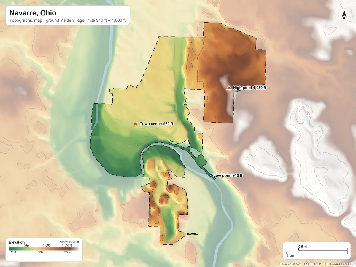 Topographic elevation map of Navarre, Ohio, shaded from 910 ft on the southeast side to 1,080 ft on the east side