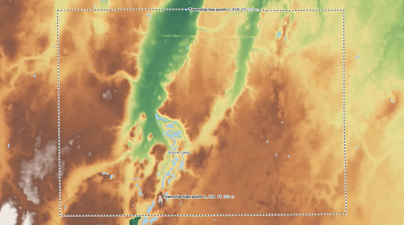 Topographic elevation map of Neave Township, Ohio, shaded from 1,010 ft on the north side to 1,120 ft on the southwest side