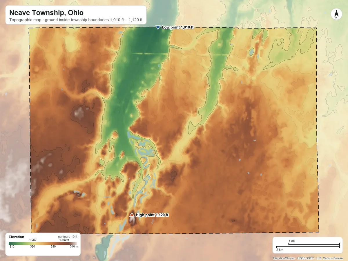Topographic elevation map of Neave Township, Ohio, shaded from 1,010 ft on the north side to 1,120 ft on the southwest side