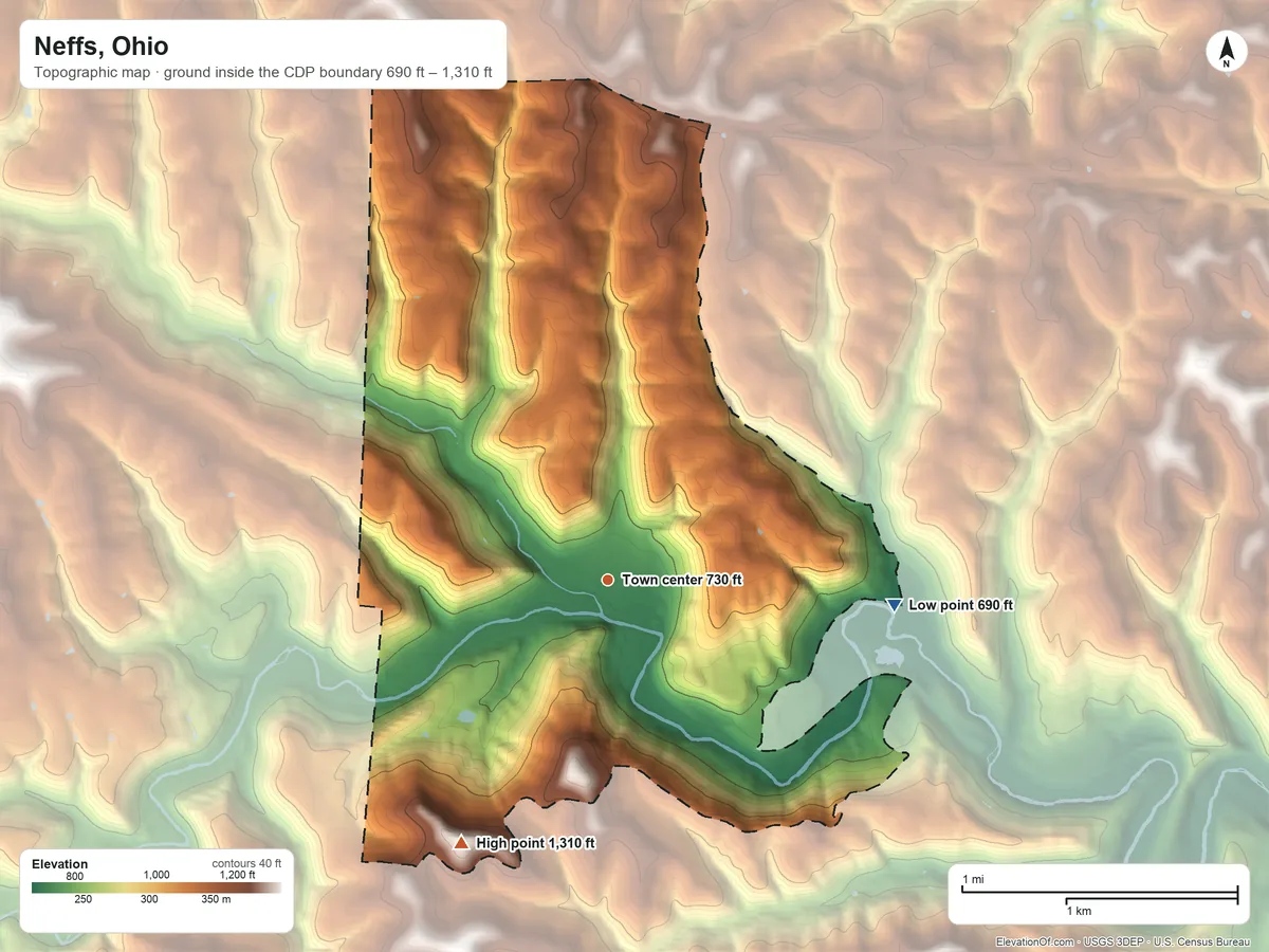 Topographic elevation map of Neffs, Ohio, shaded from 690 ft on the east side to 1,310 ft on the southwest side