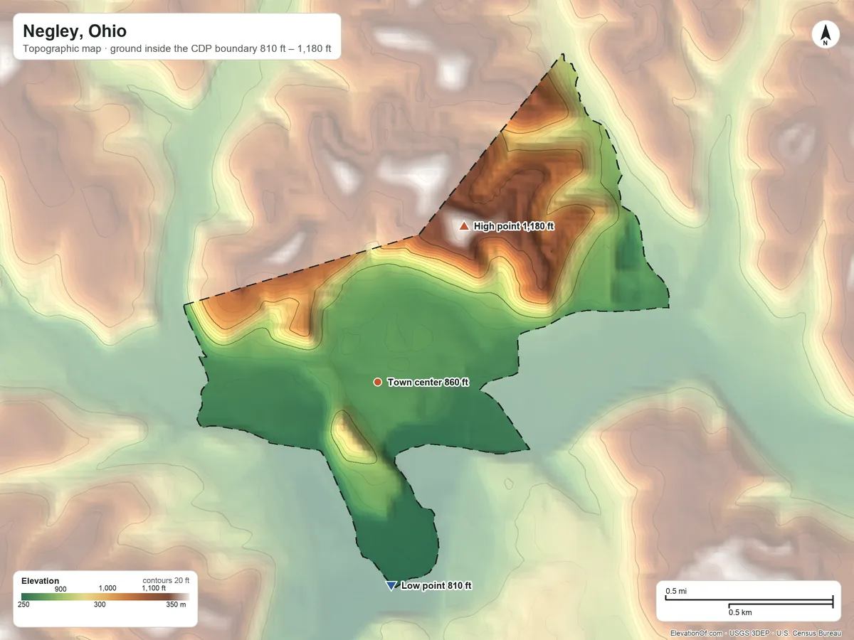 Topographic elevation map of Negley, Ohio, shaded from 810 ft on the south side to 1,180 ft on the northeast side