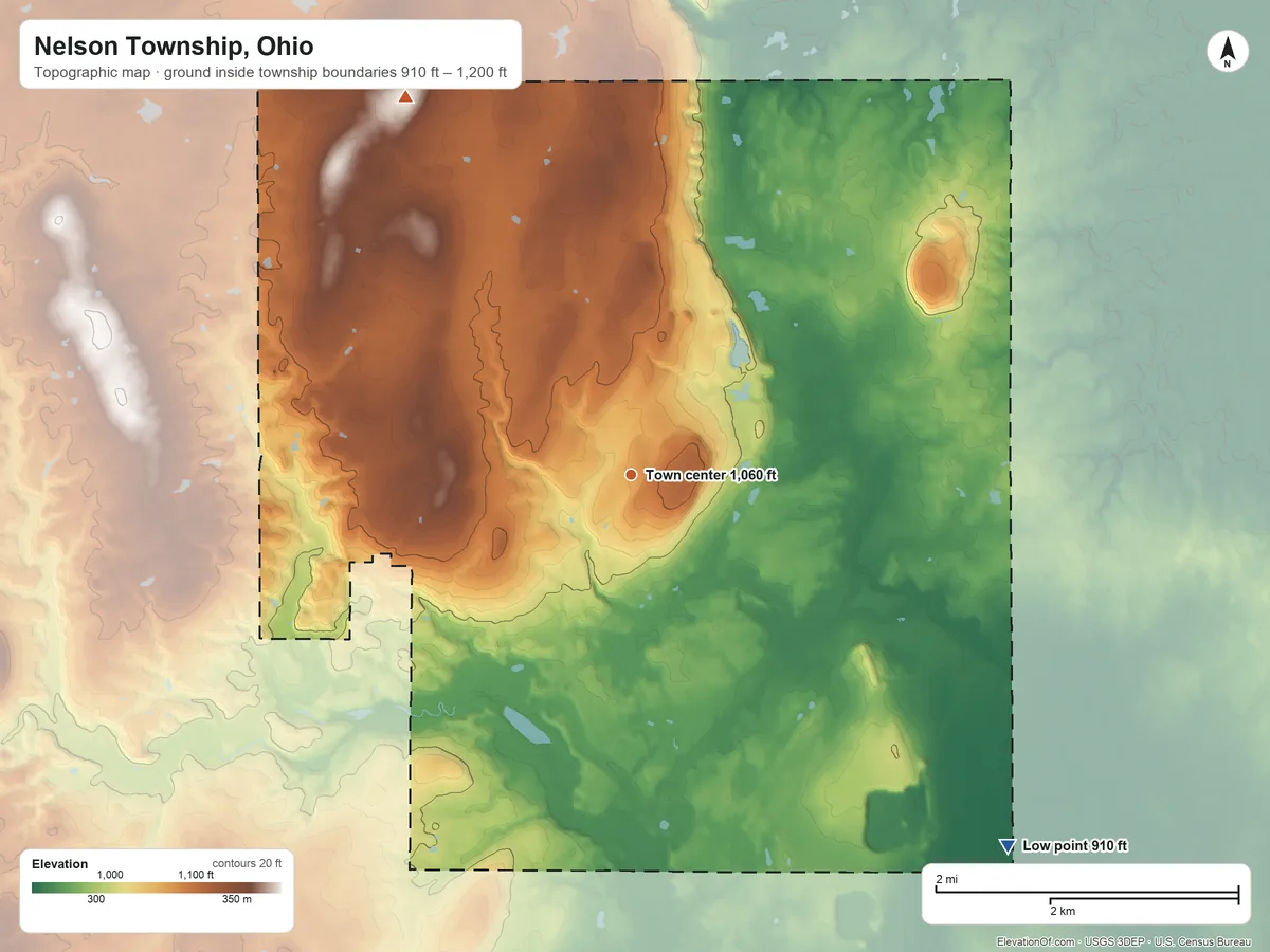 Topographic elevation map of Nelson Township, Ohio, shaded from 910 ft on the southeast side to 1,200 ft on the northwest side