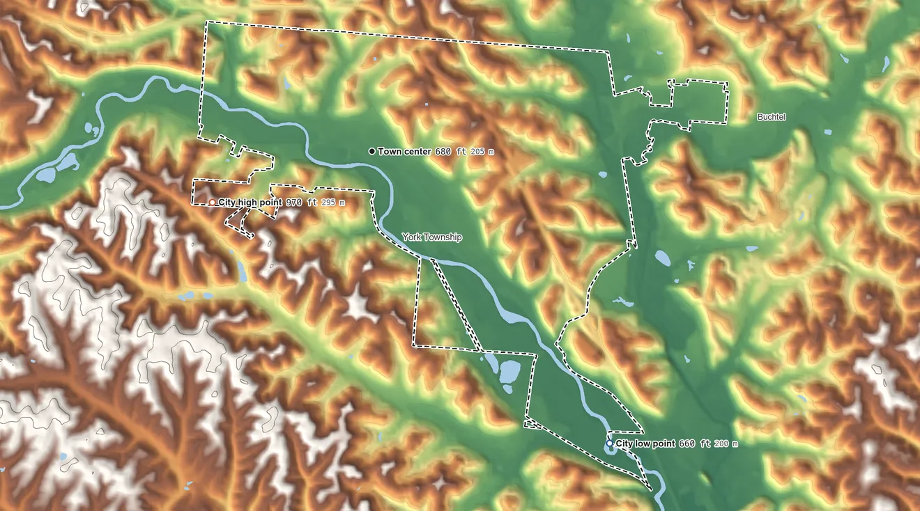 Topographic elevation map of Nelsonville, Ohio, shaded from 660 ft on the southeast side to 970 ft on the west side