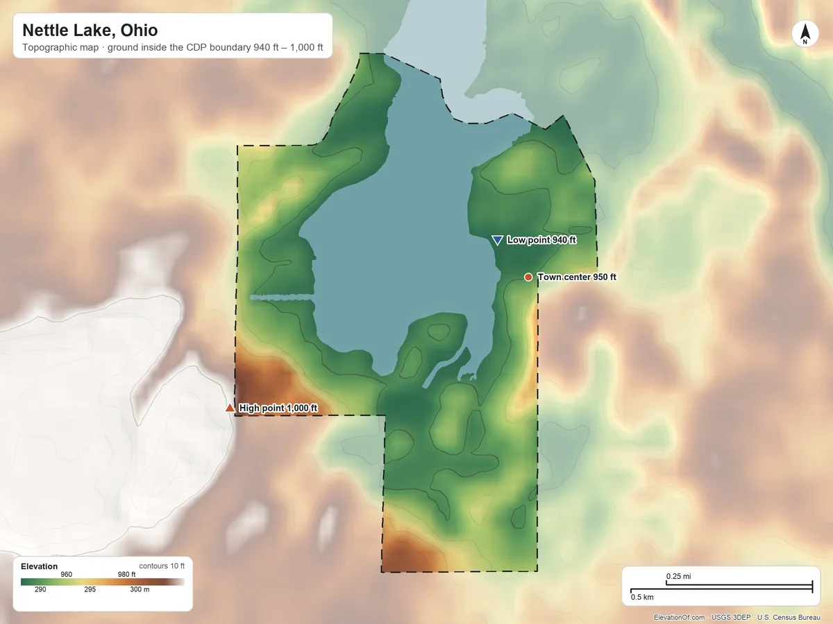 Topographic elevation map of Nettle Lake, Ohio, shaded from 940 ft near the middle to 1,000 ft on the southwest side