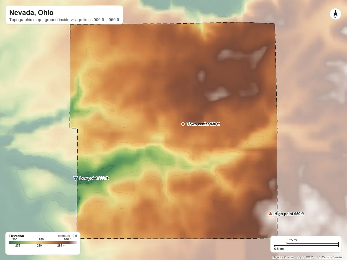 Topographic elevation map of Nevada, Ohio, shaded from 900 ft on the southwest side to 950 ft on the southeast side