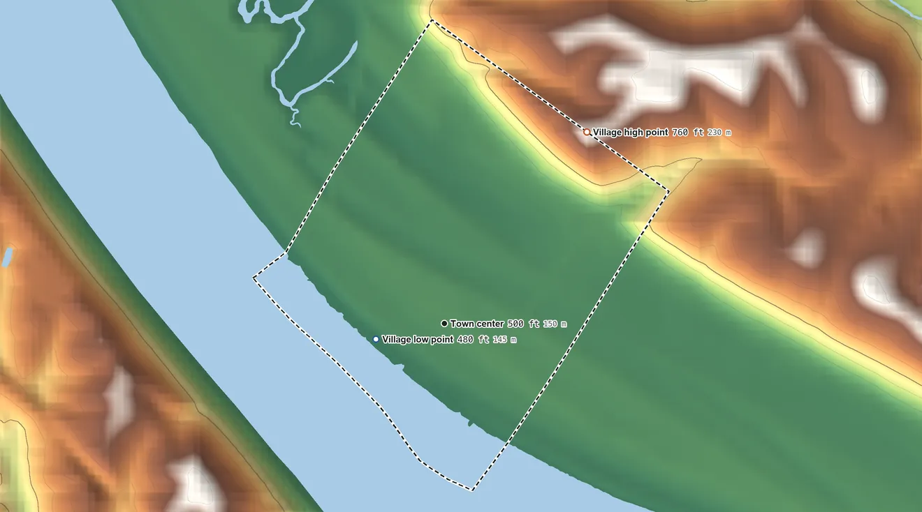 Topographic elevation map of Neville, Ohio, shaded from 480 ft on the west side to 760 ft on the northeast side