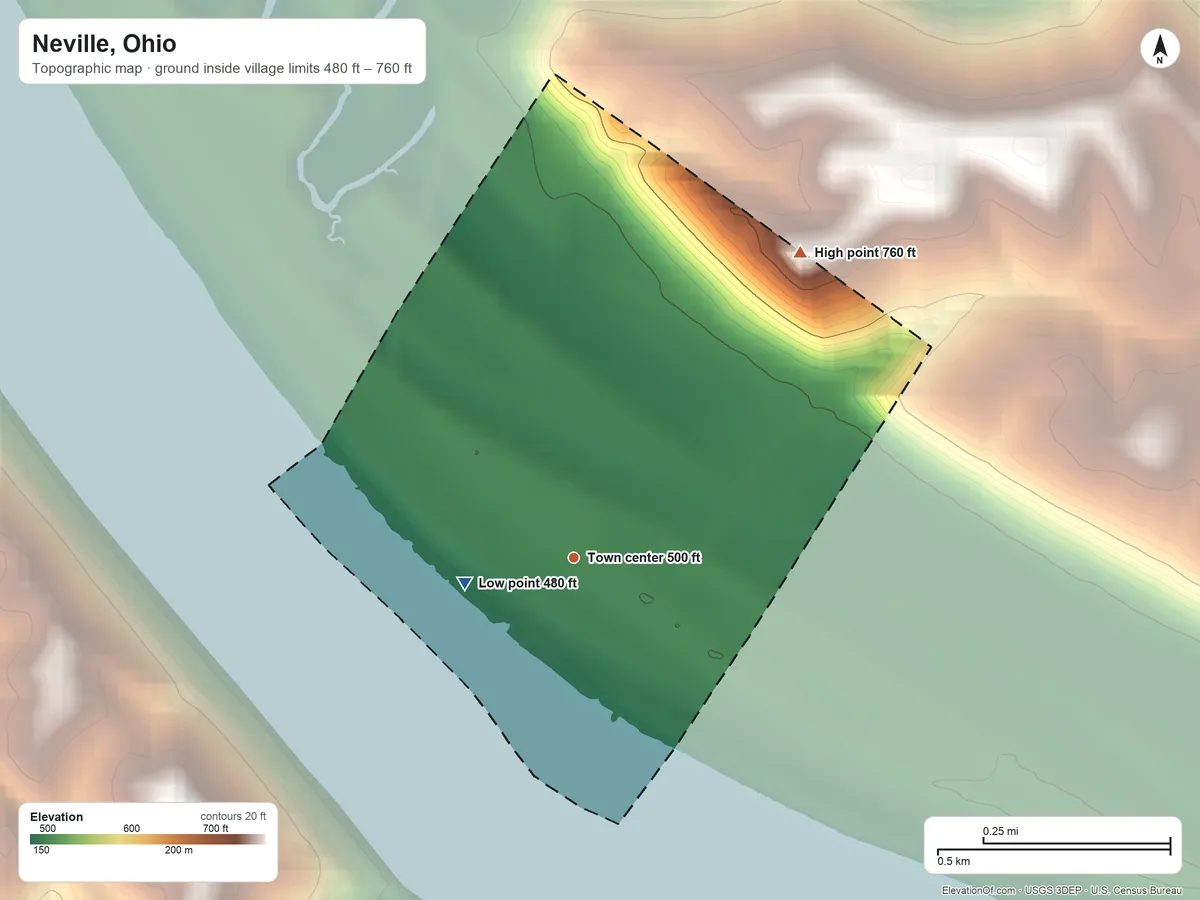 Topographic elevation map of Neville, Ohio, shaded from 480 ft on the west side to 760 ft on the northeast side