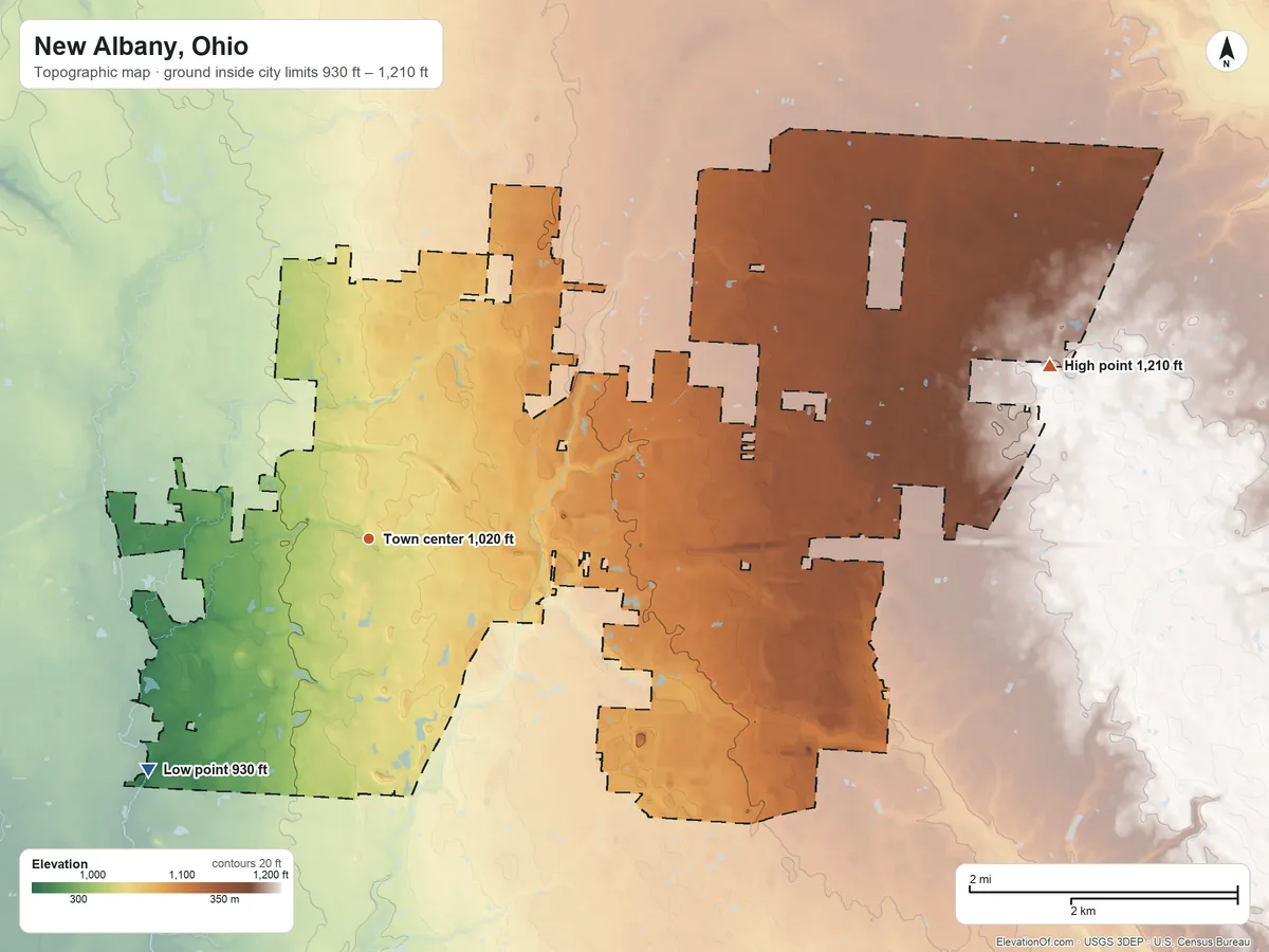 Topographic elevation map of New Albany, Ohio, shaded from 930 ft on the southwest side to 1,210 ft on the east side