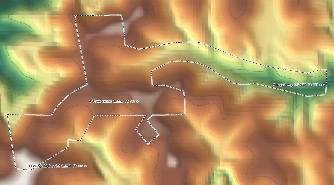 Topographic elevation map of New Alexandria, Ohio, shaded from 930 ft on the east side to 1,290 ft on the southwest side