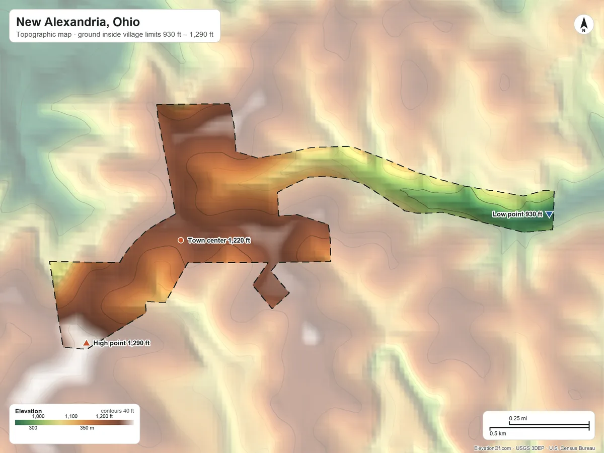 Topographic elevation map of New Alexandria, Ohio, shaded from 930 ft on the east side to 1,290 ft on the southwest side