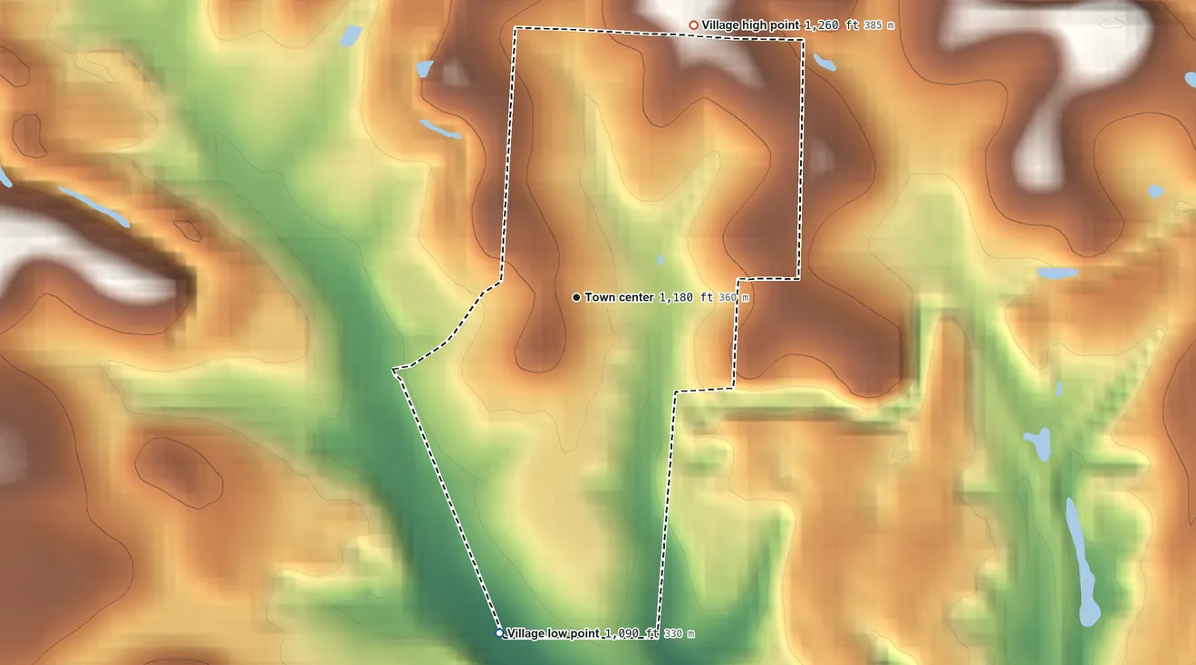 Topographic elevation map of New Athens, Ohio, shaded from 1,090 ft on the south side to 1,260 ft on the northeast side