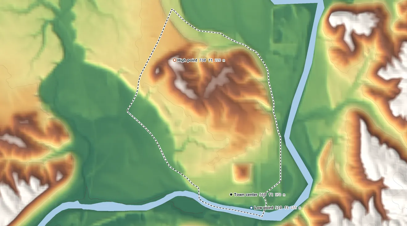 Topographic elevation map of New Baltimore, Ohio, shaded from 510 ft near the middle to 730 ft on the northwest side