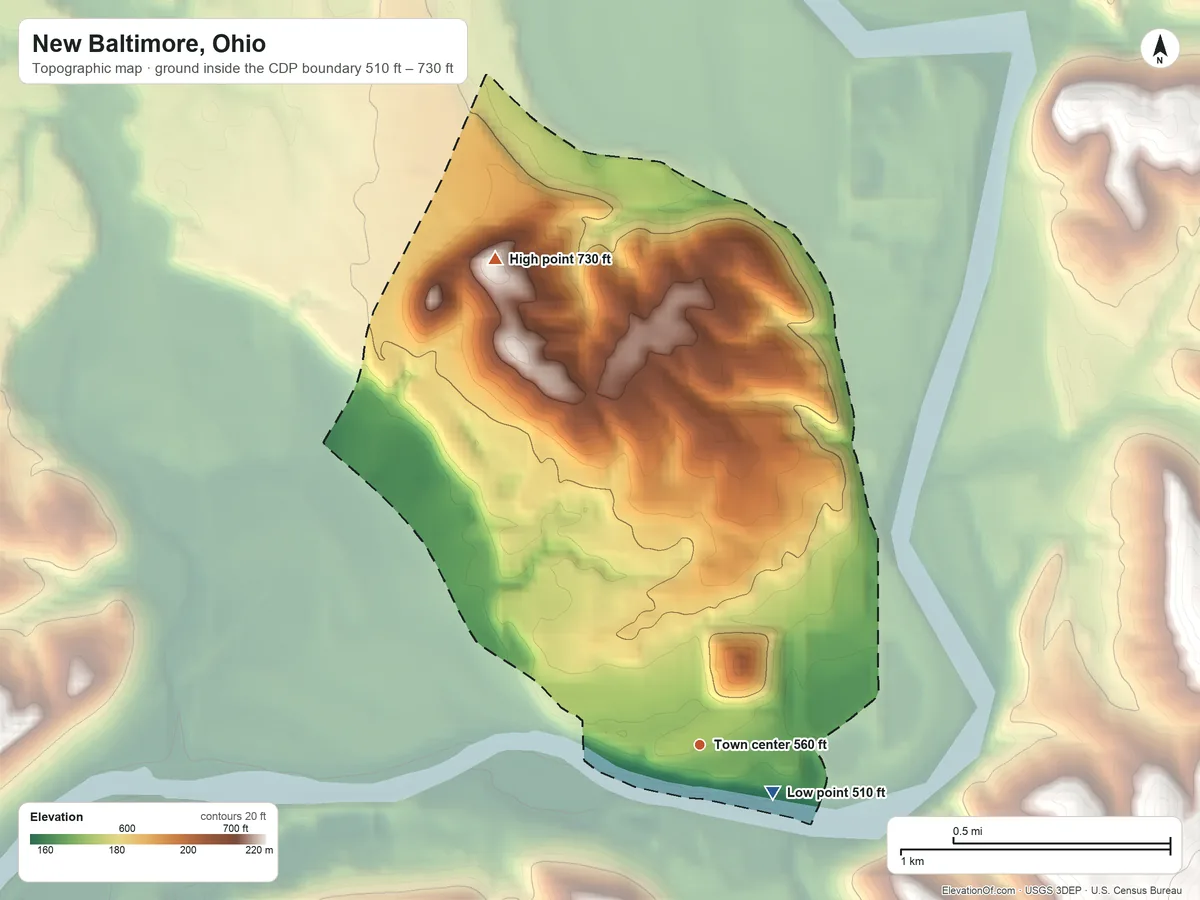 Topographic elevation map of New Baltimore, Ohio, shaded from 510 ft near the middle to 730 ft on the northwest side